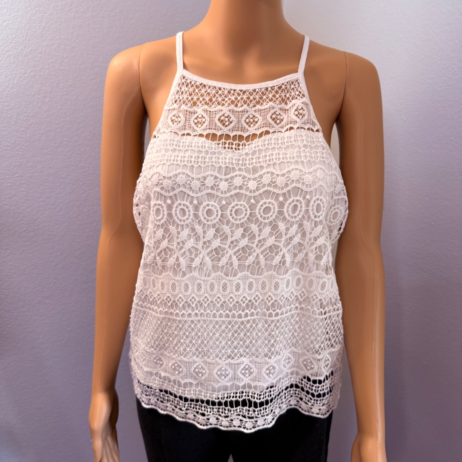 Rue21 Womens Xl White Floral Crochet Lace Halter Tank Top Boho Sleeveless